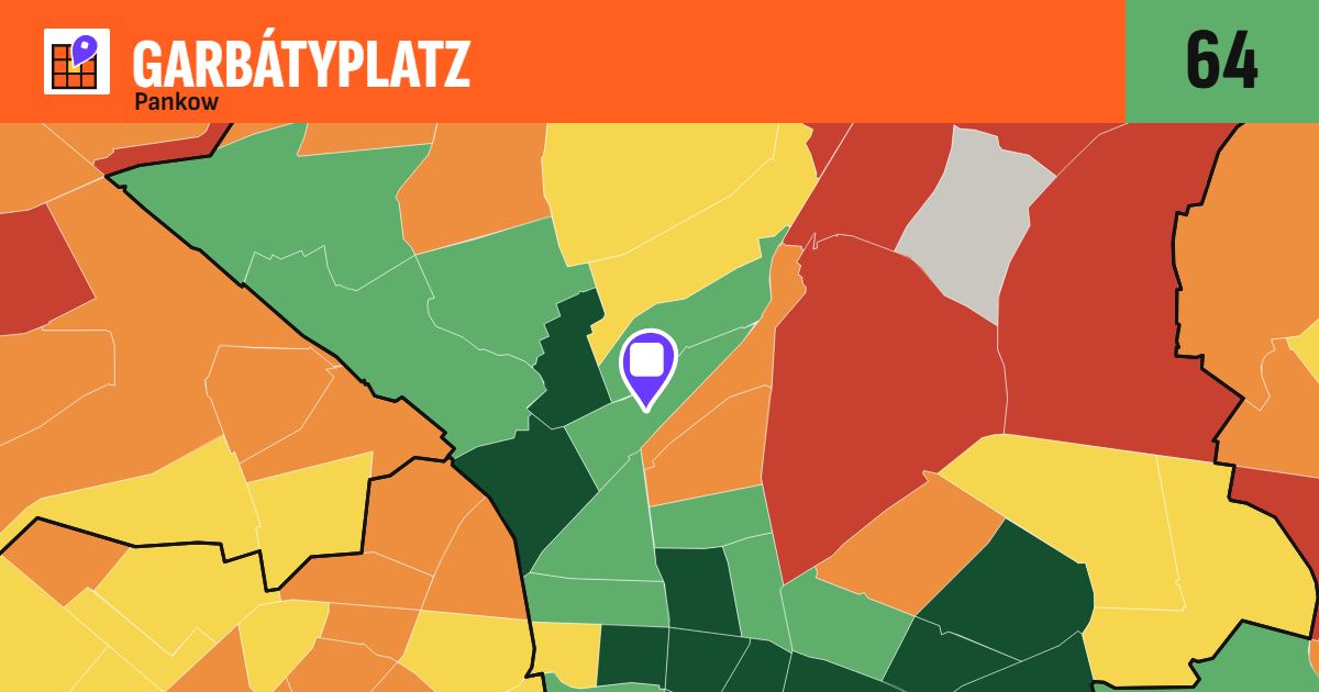 Karte: Garbátyplatz in Pankow, umliegende Kieze nach ihrer Wohnlage eingefärbt