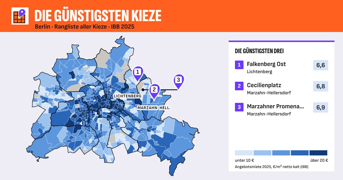 Karte: Angebotsmiete je Berliner Kiez, die ersten drei markiert