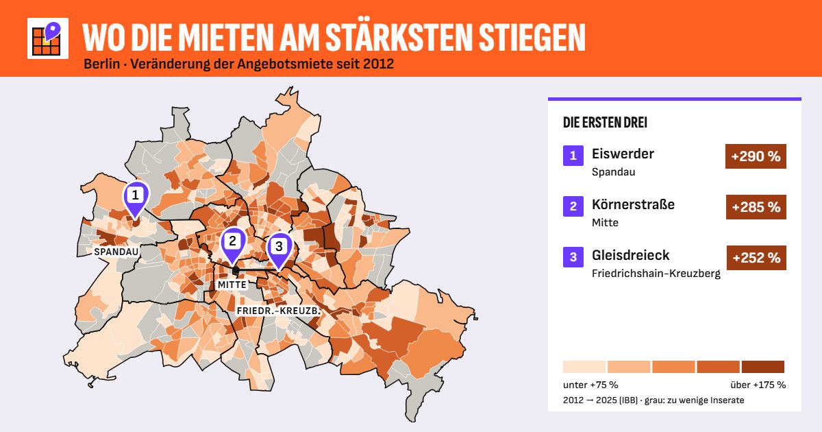 Karte: Mietanstieg seit 2012 je Berliner Kiez, die ersten drei markiert