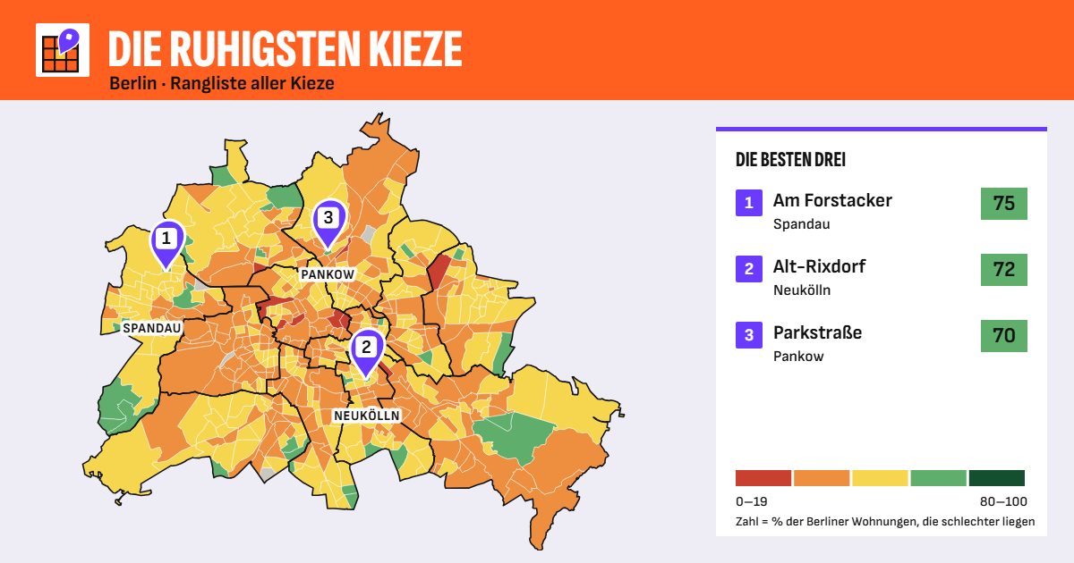 Karte: Ruhe je Berliner Kiez, die besten drei markiert