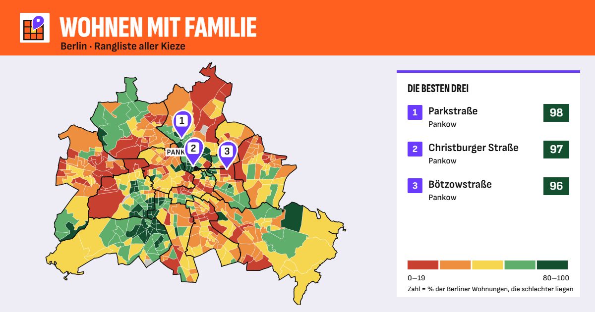 Karte: Familie je Berliner Kiez, die besten drei markiert